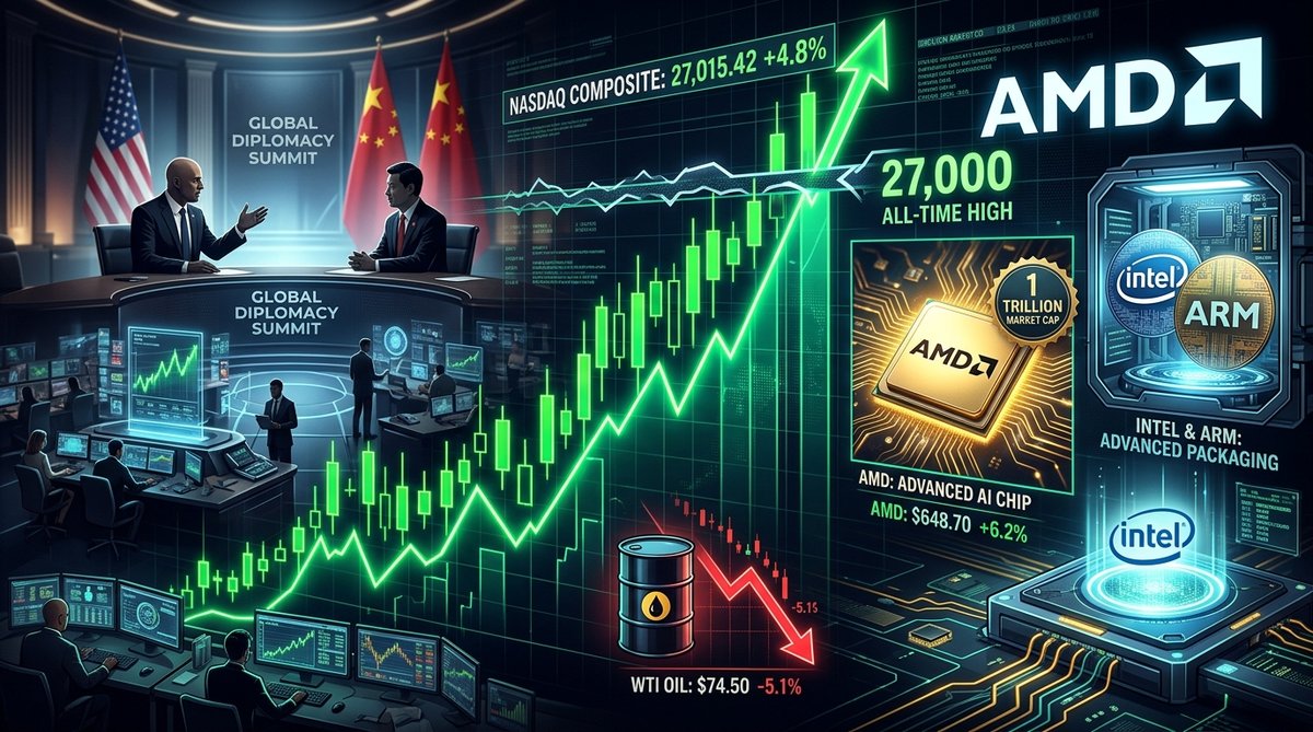나스닥 27,000pt 사상 최고가 돌파와 AMD 시총 1조 달러 진입: 유가 급락·국채 금리 피크아웃과 미·중 정상회담이 연 완벽한 안도 랠리